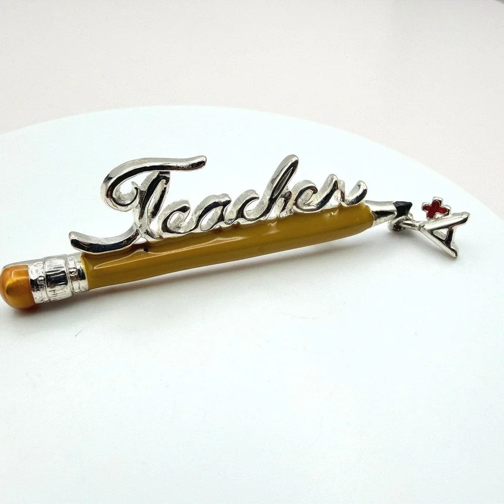 Vintage Two Tone Yellow‎ Enamel Teacher A+ Education Classic Pencil Brooch Pin